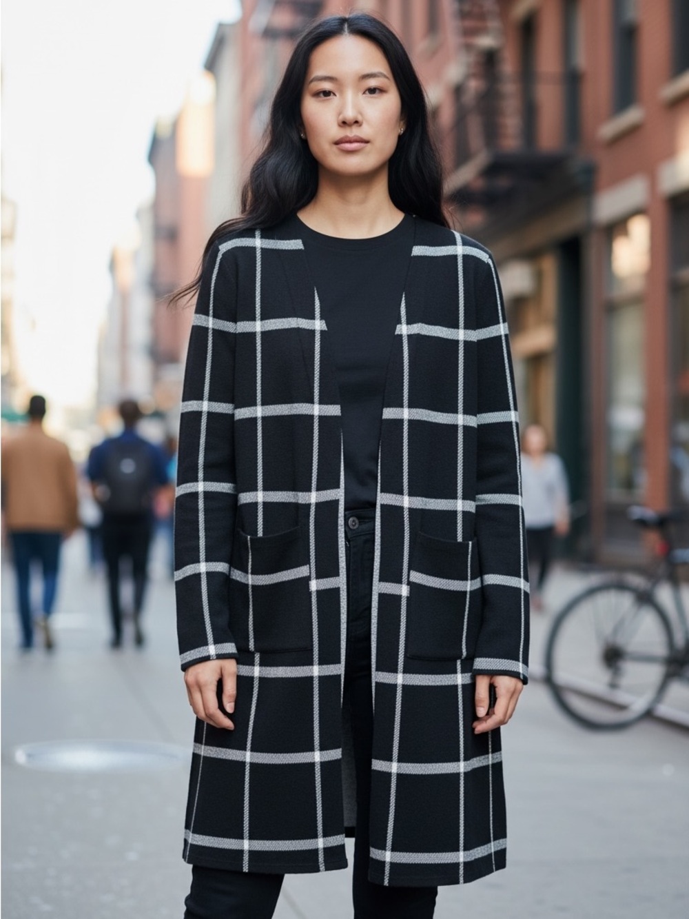 Olivia Blu Black Windowpane Long Cardigan- Classic Grid Pattern 1X Layering Soft